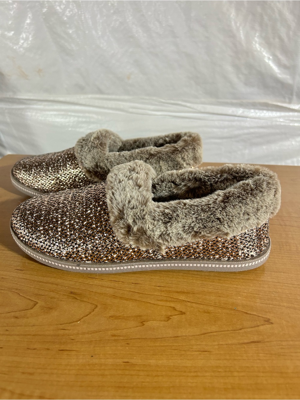 Skechers Rose Gold Sequin Faux-Fur Slip-On Slippers